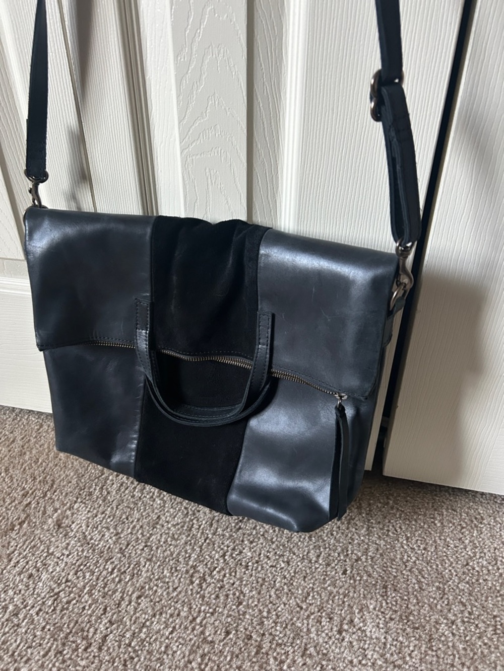 Able Black Leather and Suede Fold over Crossbody Tote